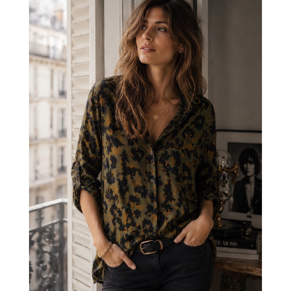 Zadig & Voltaire Tacha Leo Shirt Women XS Leopard Print Olive Green Viscose Top